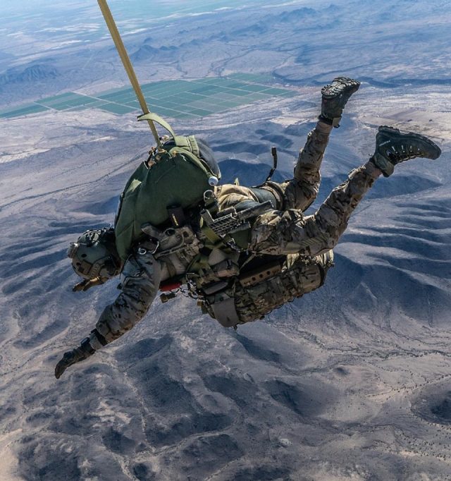 Paramilitary training jump with an individual in freefall using the CPS Special Operations Vector Multi-Mission (SOV3-MM2) Harness/Container System