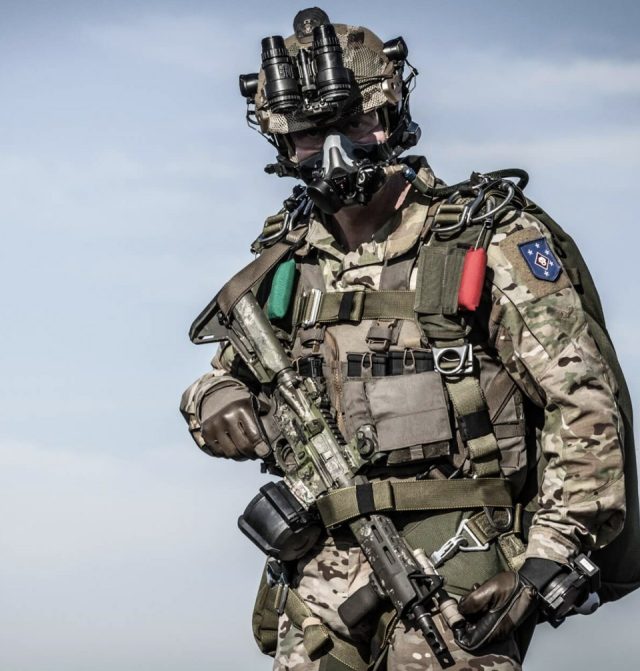 Jumper fully outfitted in modern military equipment